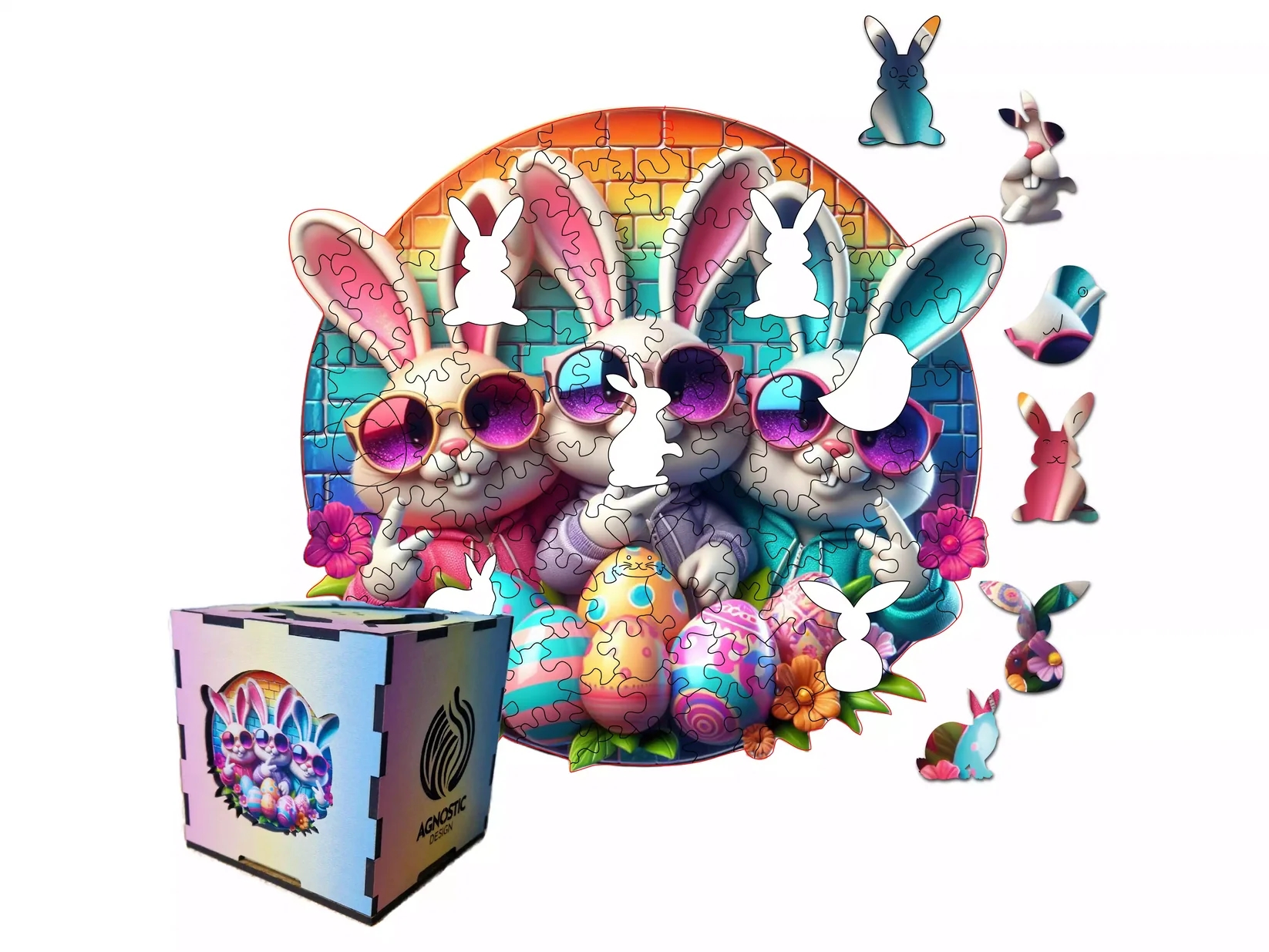 Iepurasi Paste Prezentare Piese Cutie Puzzle Lemn